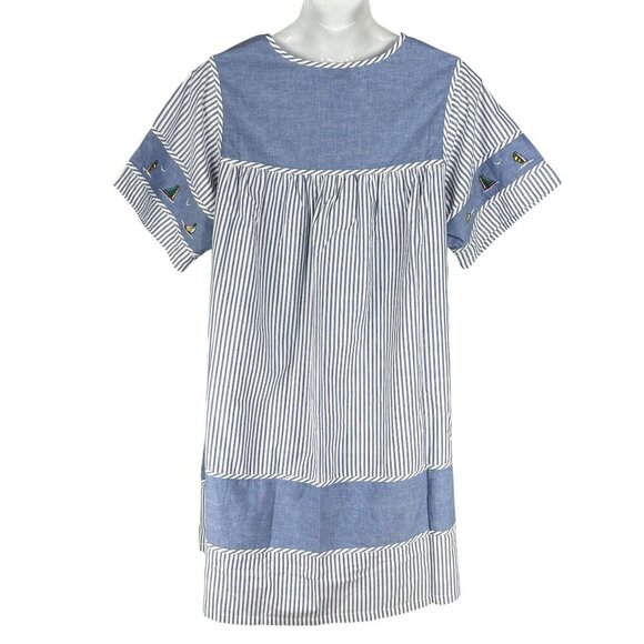 National Women 2X Chambray Striped Nautical Embroidery Dress Costal Beachy Artsy - Picture 9 of 15